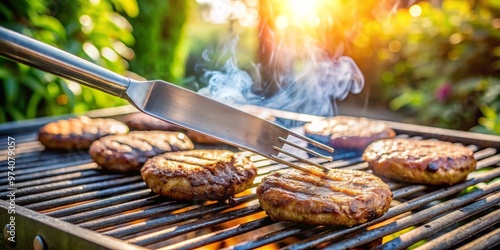 Close-up of a sleek, shiny metal spitter cooking burgers on a charcoal grill at a backyard barbecue on photo