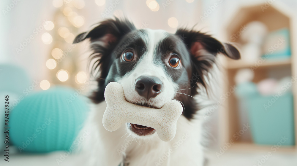 pet catching a soft bone toy, looking a camera, closeup, blurred kids room background animal advertisement banner pet catching a soft bone toy, looking a camera, closeup, blurred kids room background animal advertisement banner