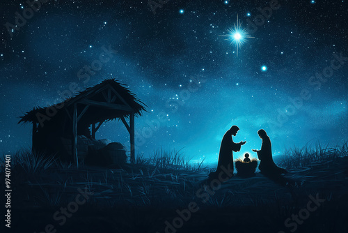 A nativity scene with a man and woman holding a baby in a manger