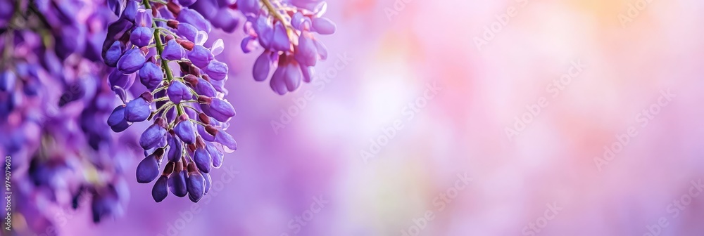 Purple flowers, hung from a pink and purple wall, surrounded by softly blurred light in the background Purple flowers, hung from a pink and purple wall, surrounded by softly blurred light in the background