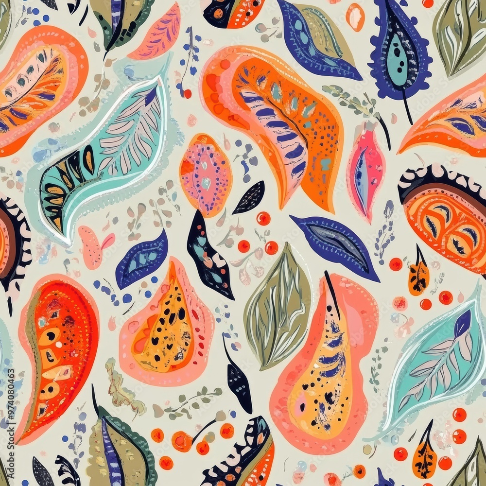 A vibrant abstract seamless pattern paisley with organic shapes in earth tones, featuring artistic textures and geometric elements. Ideal for modern decor, textiles, and wallpaper design. A vibrant abstract seamless pattern paisley with organic shapes in earth tones, featuring artistic textures and geometric elements. Ideal for modern decor, textiles, and wallpaper design.