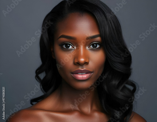 African woman model, wavy hair, beautiful makeup, studio shot, gray background, close-up of face, full lips, beautiful eyes looking at camera, fashion