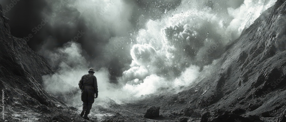 Obraz premium A solitary figure stands in a dramatic landscape, engulfed by swirling clouds and shadows, evoking a sense of mystery and introspection.