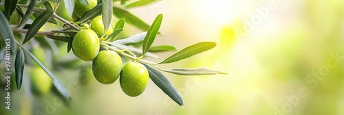  An olive tree with green olives dangling from branches; sunlight filters through leaves, backdrop softly blurred