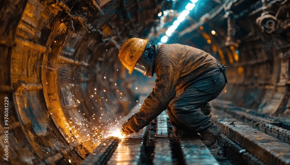 A worker welding in a tunnel, surrounded by sparks and industrial equipment, showcasing the intensity of construction work. A worker welding in a tunnel, surrounded by sparks and industrial equipment, showcasing the intensity of construction work.