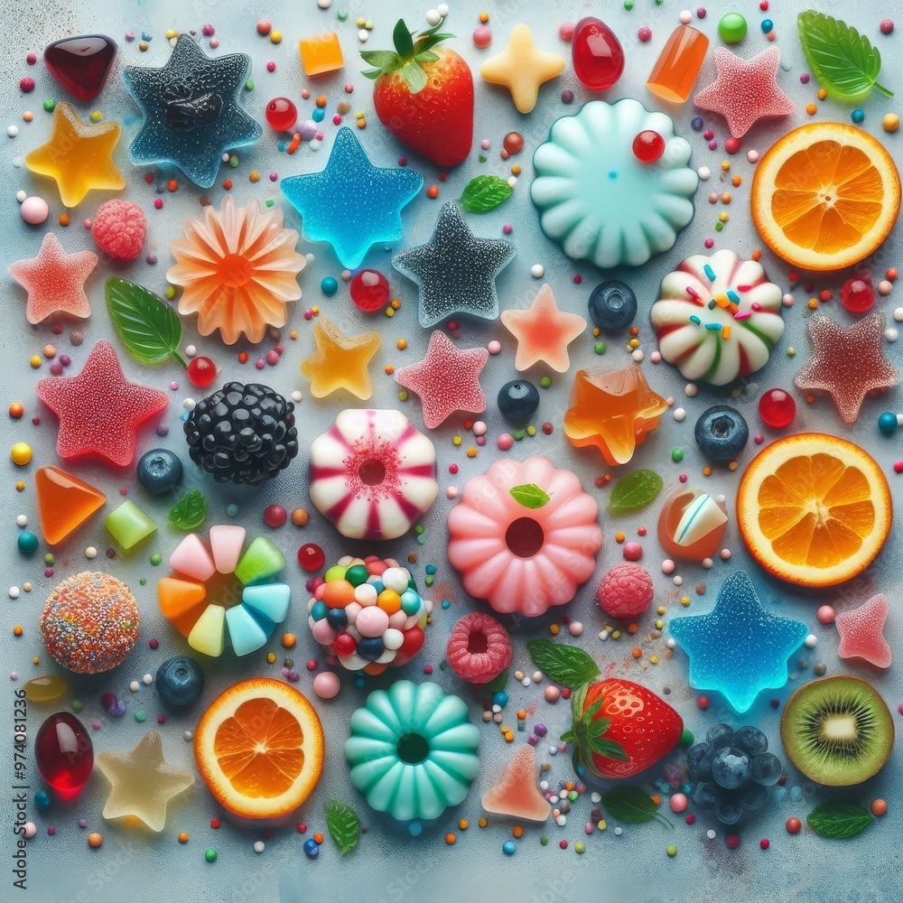 Flatlay of assorted jelly fruits and sprinkles textured background
Flatlay of assorted jelly fruits and sprinkles textured background