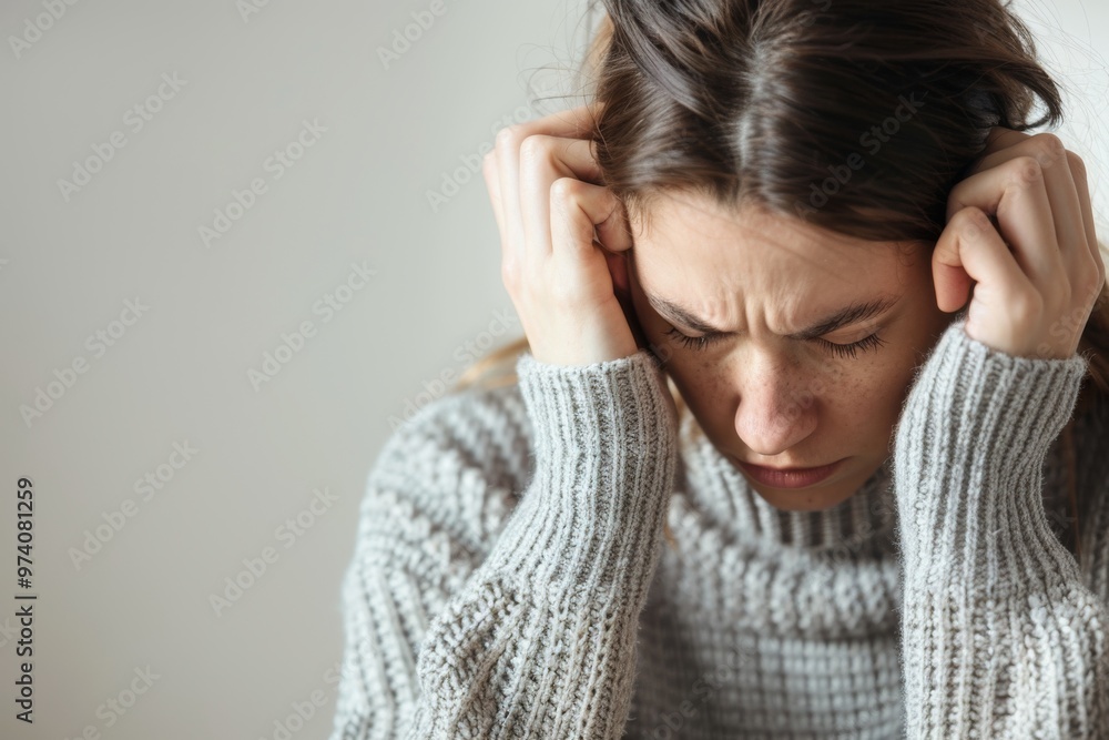 Woman in Grey Sweater Holding Her Head in Distress Capturing Distinctive Moment Woman in Grey Sweater Holding Her Head in Distress Capturing Distinctive Moment