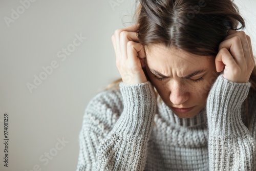 Woman in Grey Sweater Holding Her Head in Distress Capturing Distinctive Moment