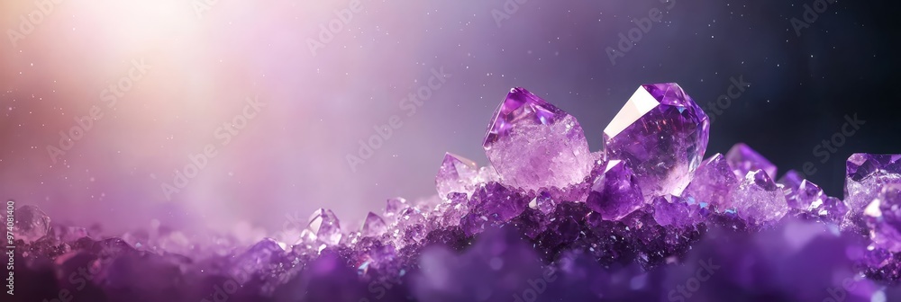A cluster of purple crystals atop purple rocks, situated over a verdant green field A cluster of purple crystals atop purple rocks, situated over a verdant green field