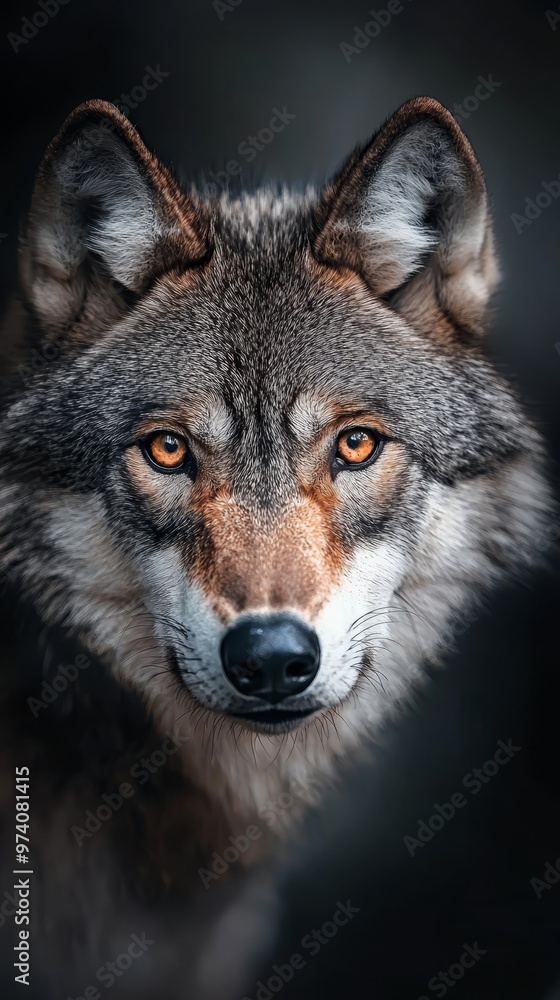Fototapeta premium A wolf's face, tightly focused and intense, against a black backdrop