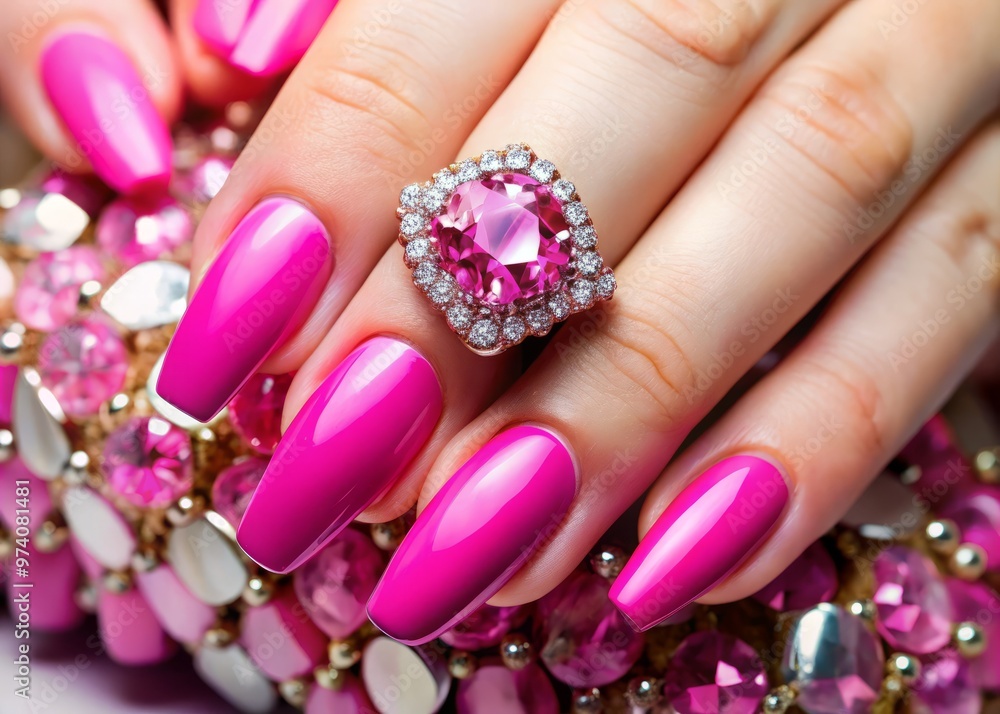 Close-up of a well-manicured hand with vibrant pink nail polish and perfectly shaped nails, adorned with delicate Close-up of a well-manicured hand with vibrant pink nail polish and perfectly shaped nails, adorned with delicate