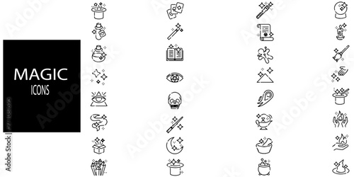 Magic icons set of 21 outline web Fortune hat, genie, rabbit and bottle of potion, mystery objects, alchemy and esoteric book. Witch broom and cauldron, crystal and tarot cards.Vector illustration.