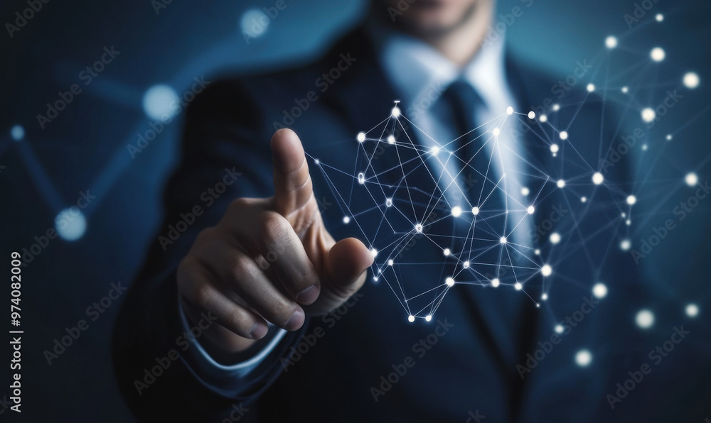 Businessman Touching Digital Button on Computer Screen, Embracing the Future of Technology and Internet Connectivity. Concept of Business and Media Interaction in the Virtual World. Businessman Touching Digital Button on Computer Screen, Embracing the Future of Technology and Internet Connectivity. Concept of Business and Media Interaction in the Virtual World.