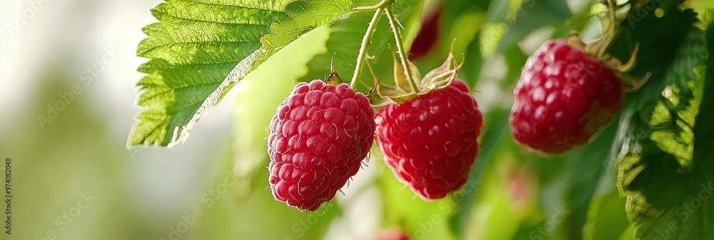 A tree laden with raspberries features in the foreground, its green leaves contrasting sharply against the softly blurred background A tree laden with raspberries features in the foreground, its green leaves contrasting sharply against the softly blurred background