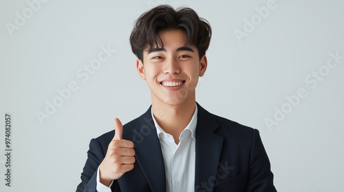 Young man in a formal suit gives a thumbs-up gesture in a simple studio setting during daylight.