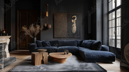 Living room with a moody color palette of dark charcoal and deep blue, featuring a velvet sofa and warm wooden accents. home interior design concept 