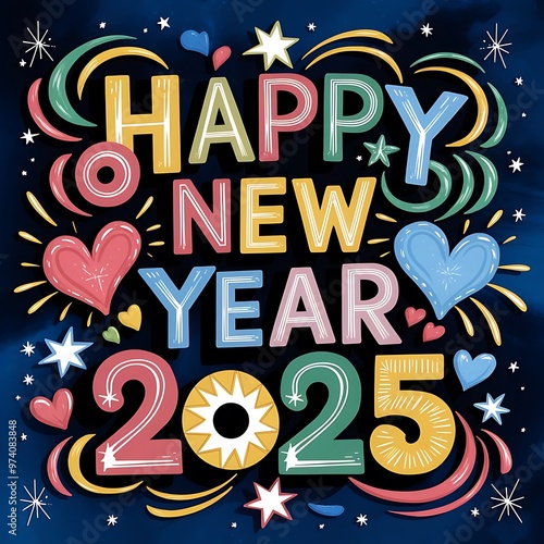 Colorful handdrawn lettering quotHappy New Yearquot with decorative elements
