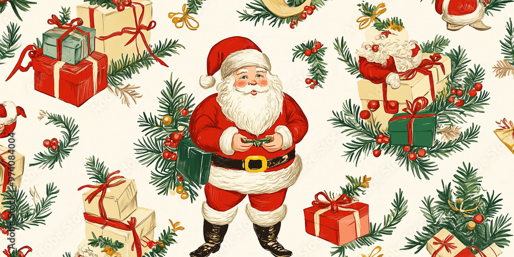 Weihnachtsmann Geschenkpapier Postkarte oder Hintergrund. Nostalgisch Weihnachtsmann Geschenkpapier Postkarte oder Hintergrund. Nostalgisch