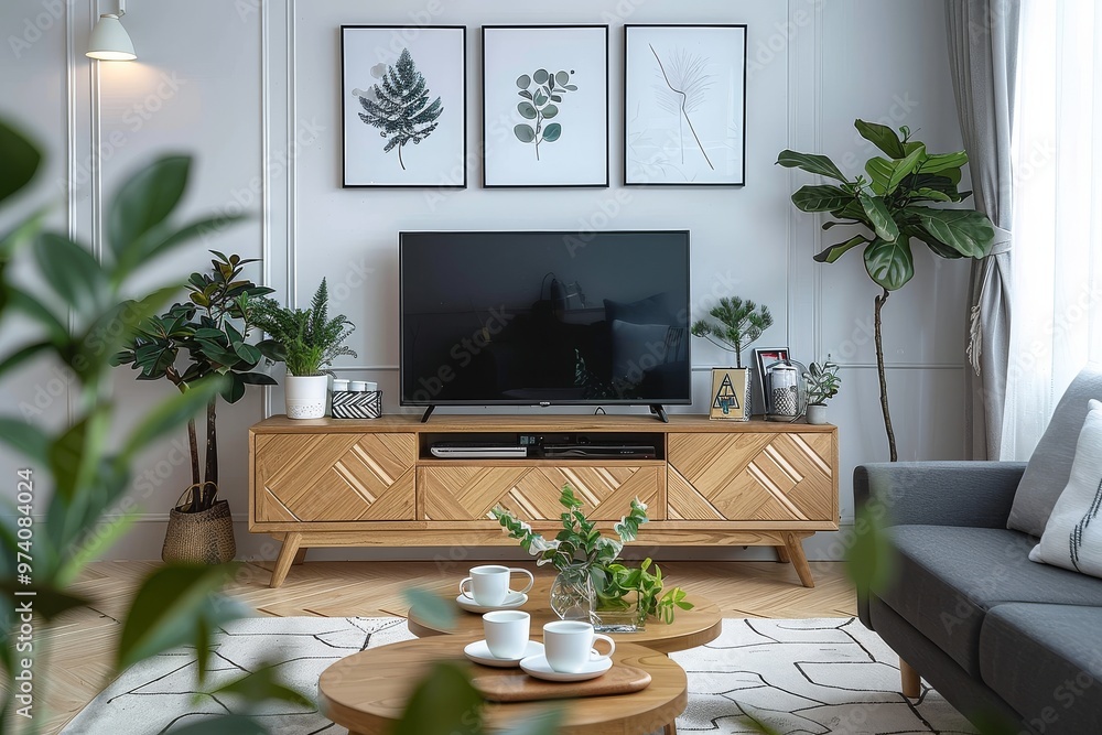 Fototapeta premium Stylish Scandinavian-style wooden TV stand with geometric patterns, light wood grain, black sofa, framed pictures, and cozy lighting.