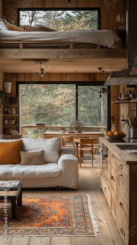 Cozy Cabin Interior with Lofted Bedroom, Wooden Furniture, and Large Windows Overlooking Scenic Forest Views