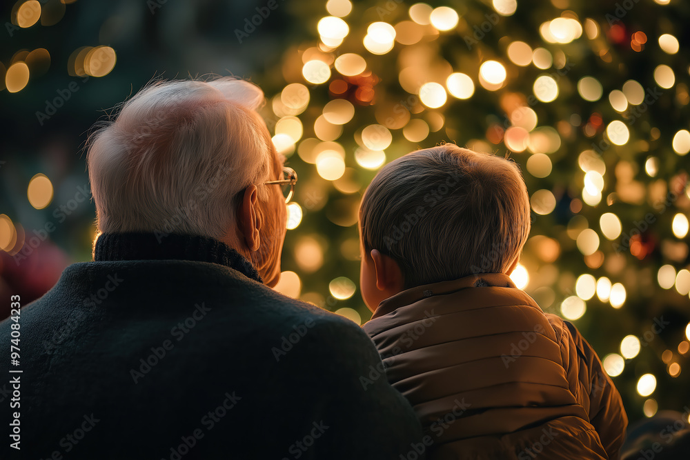 A man and a child are sitting in front of a Christmas tree A man and a child are sitting in front of a Christmas tree