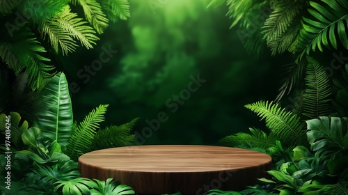 3d Mock up Dark wooden podium with lush green ferns and tropical jungle theme photo