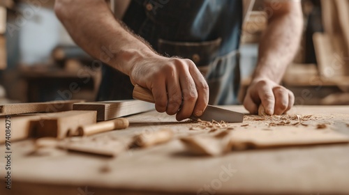 Master Craftsman at Work: A skilled artisan meticulously shapes wood with a chisel, showcasing the precision and dedication of traditional woodworking. 