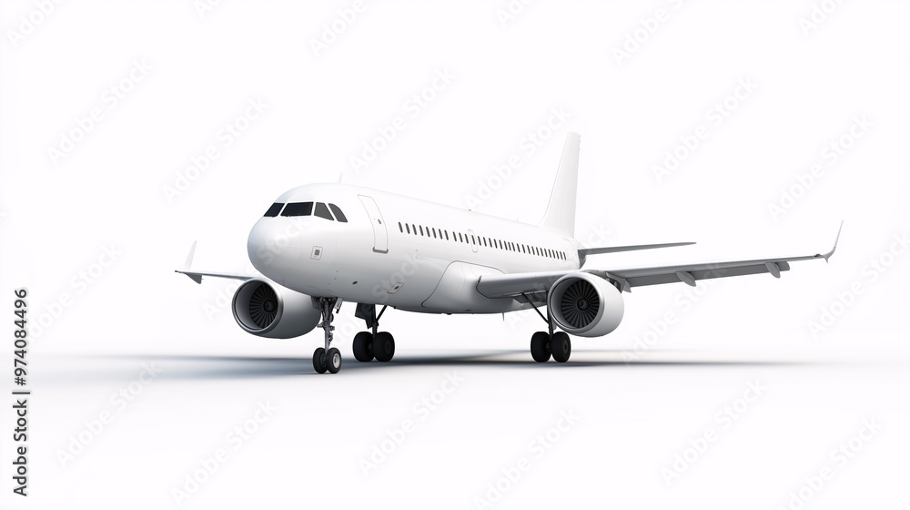 White Airplane on White Background: A pristine white airplane stands majestically on a white backdrop, showcasing its streamlined design and sleek silhouette. White Airplane on White Background: A pristine white airplane stands majestically on a white backdrop, showcasing its streamlined design and sleek silhouette.