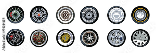 collection of car wheels with different rim variants on a white background