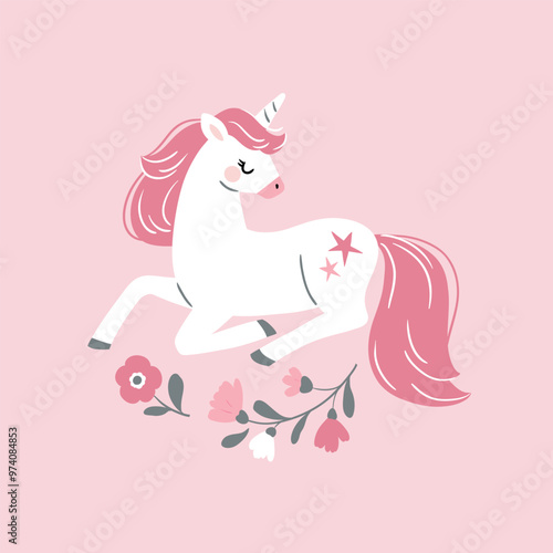 Hand drawn vector cute unicorn with flowers. Perfect for tee-shirt logo, greeting card, sticker, clip art or nursery decor. EPS10 vector file.