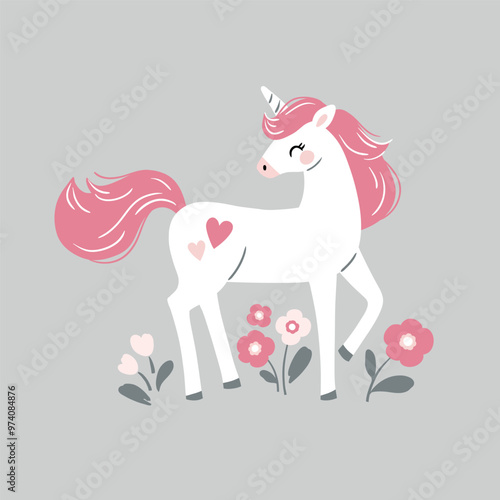 Hand drawn vector cute unicorn with flowers. Perfect for tee-shirt logo, greeting card, sticker, clip art or nursery decor. EPS10 vector file.
