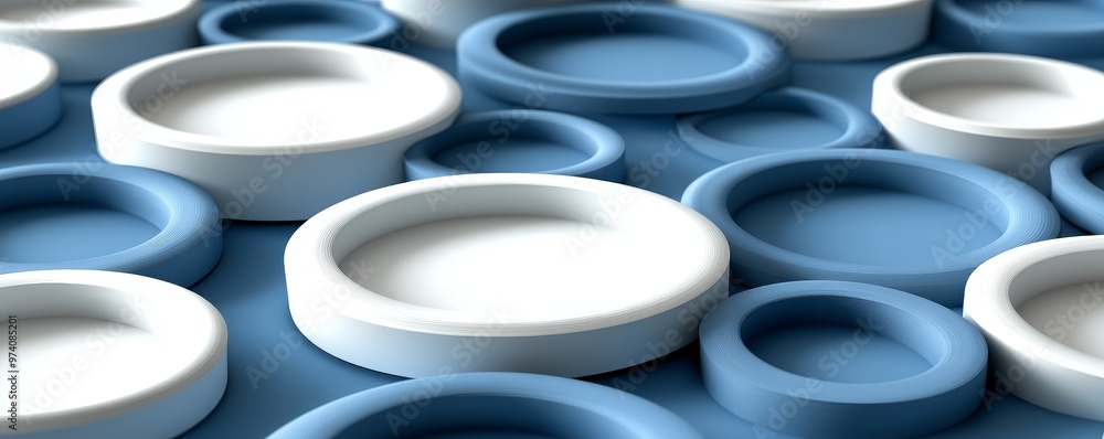 Abstract composition of circular shapes in blue and white hues, creating a modern, minimalist background.