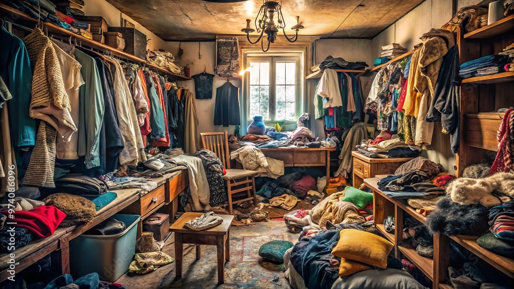 Obraz premium Cluttered, dimly lit room overwhelmed by piles of old clothes, dusty trinkets, and forgotten memorabilia, evoking a