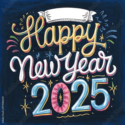 Colorful handdrawn lettering quotHappy New Yearquot with decorative elements