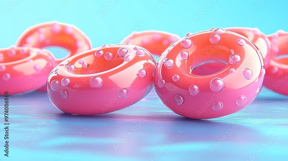 Colorful pink donut with glossy finish and bubble-like texture on a bright blue background, perfect for a fun dessert theme. Colorful pink donut with glossy finish and bubble-like texture on a bright blue background, perfect for a fun dessert theme.