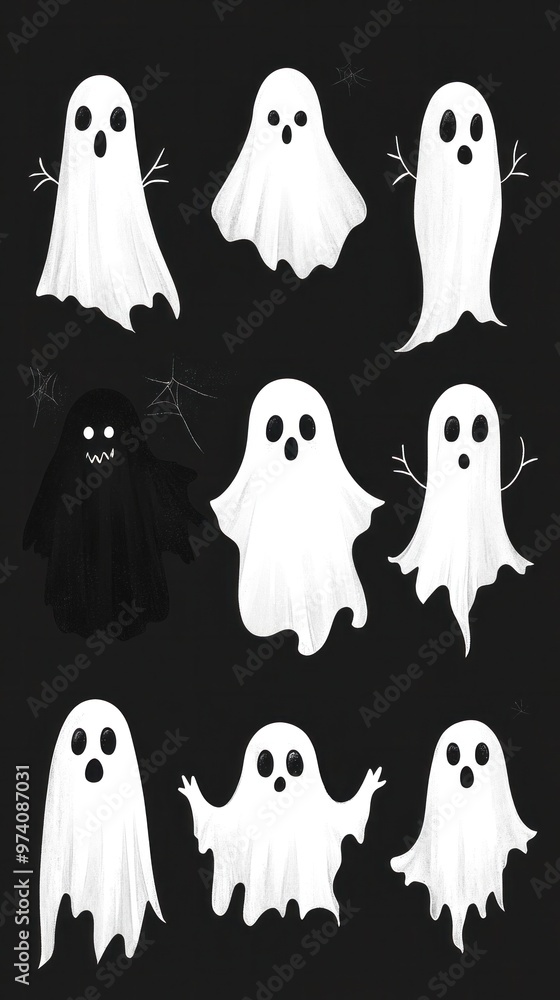Ghost costumes illustration. Spooky sheet fabric ghost designs, classic Halloween look. Ghost costumes illustration. Spooky sheet fabric ghost designs, classic Halloween look.