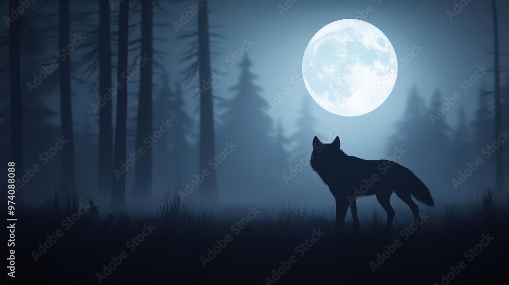 A dark, misty forest with shadows of wolves moving silently under the full moonlight, misty forest, wolves, full moonlight