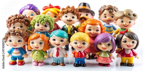 Colorful array of small, poseable figurines with exaggerated facial expressions and hairstyles, arranged on a white photo