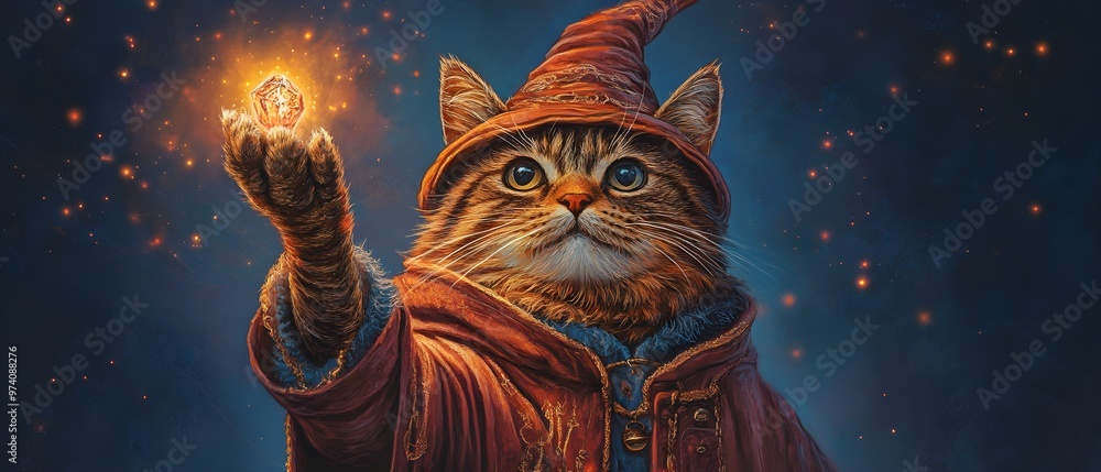 Fototapeta Cat in Wizard Robe Holding Glowing Crystal in Paw.