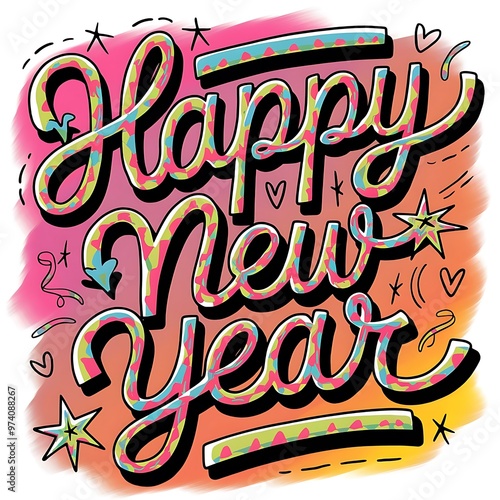 Colorful handdrawn lettering quotHappy New Yearquot with decorative elements photo