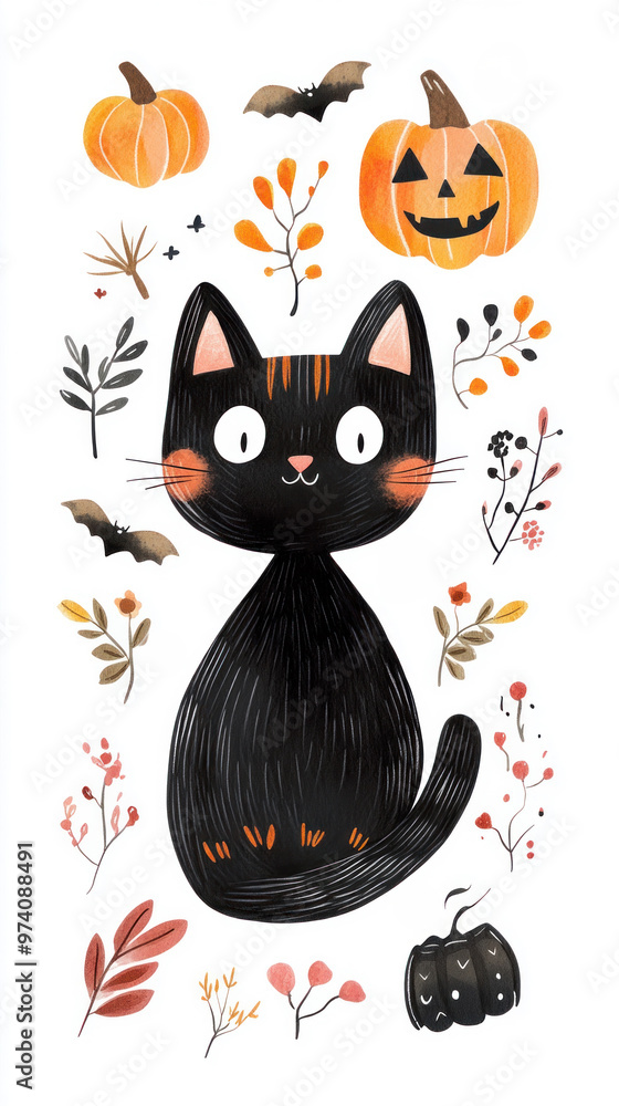 Hand-drawn Halloween kitty, garlands, and festive symbols in watercolor on white. Hand-drawn Halloween kitty, garlands, and festive symbols in watercolor on white.