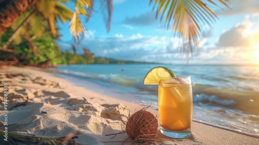 Coconut juice on sandy beach, Fresh Tender coconut water with tropical beach scenery, Beach drinks concept background Coconut juice on sandy beach, Fresh Tender coconut water with tropical beach scenery, Beach drinks concept background
