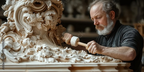 Wallpaper Mural A skilled craftsman carefully carving intricate details into wood, showcasing traditional craftsmanship and artistry. Torontodigital.ca