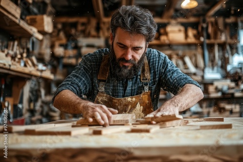 A skilled craftsman focused on woodworking in a rustic workshop, showcasing creativity and dedication to his art. photo