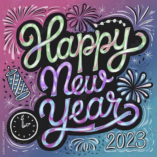 Colorful handdrawn lettering quotHappy New Yearquot with decorative elements