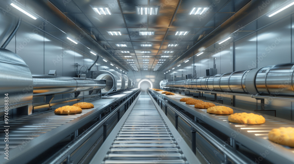 Fototapeta premium Cooling Tunnels: Conveyor belt systems for cooling baked goods after baking