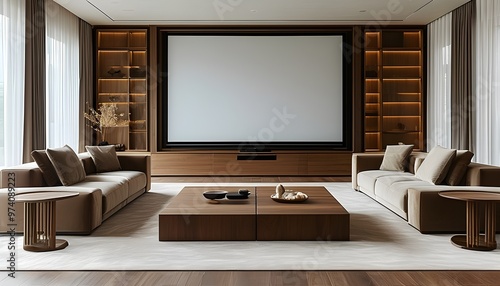 Luxury minimalist living room featuring a central large screen projection surrounded by a wooden table and sofa