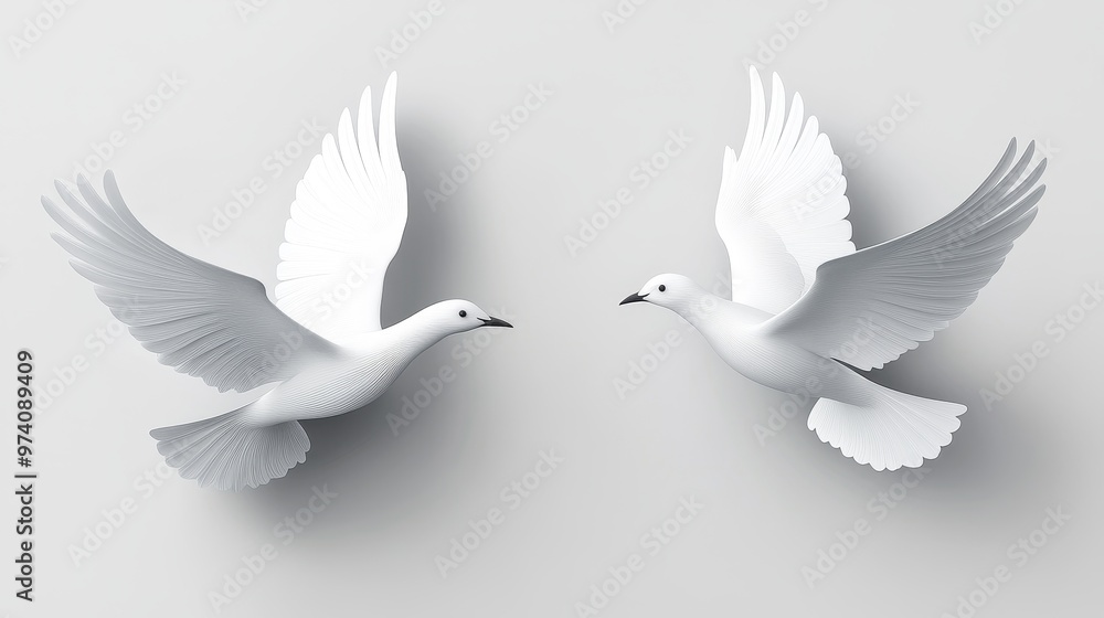Two elegant white birds in flight, symbolizing peace and harmony against a soft gray background. Two elegant white birds in flight, symbolizing peace and harmony against a soft gray background.