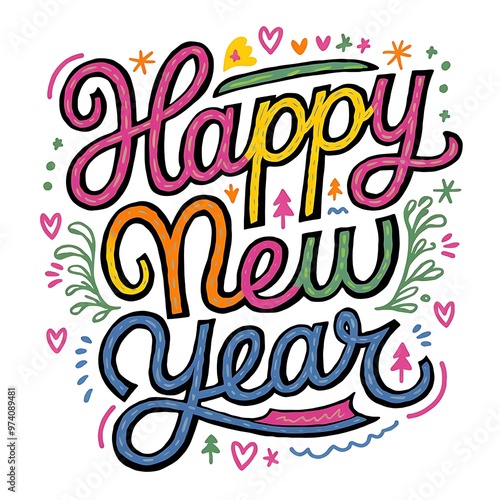 Colorful handdrawn lettering quotHappy New Yearquot with decorative elements
