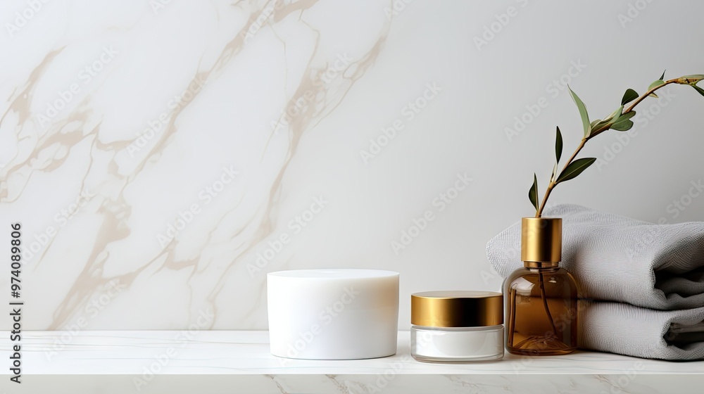 White cream jars on marble shelf White cream jars on marble shelf